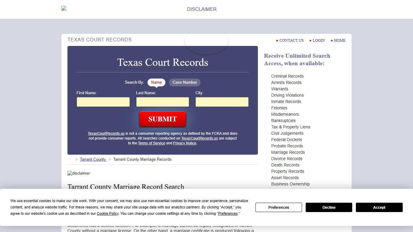 Tarrant County Marriage Records TexasCourtRecords.us
